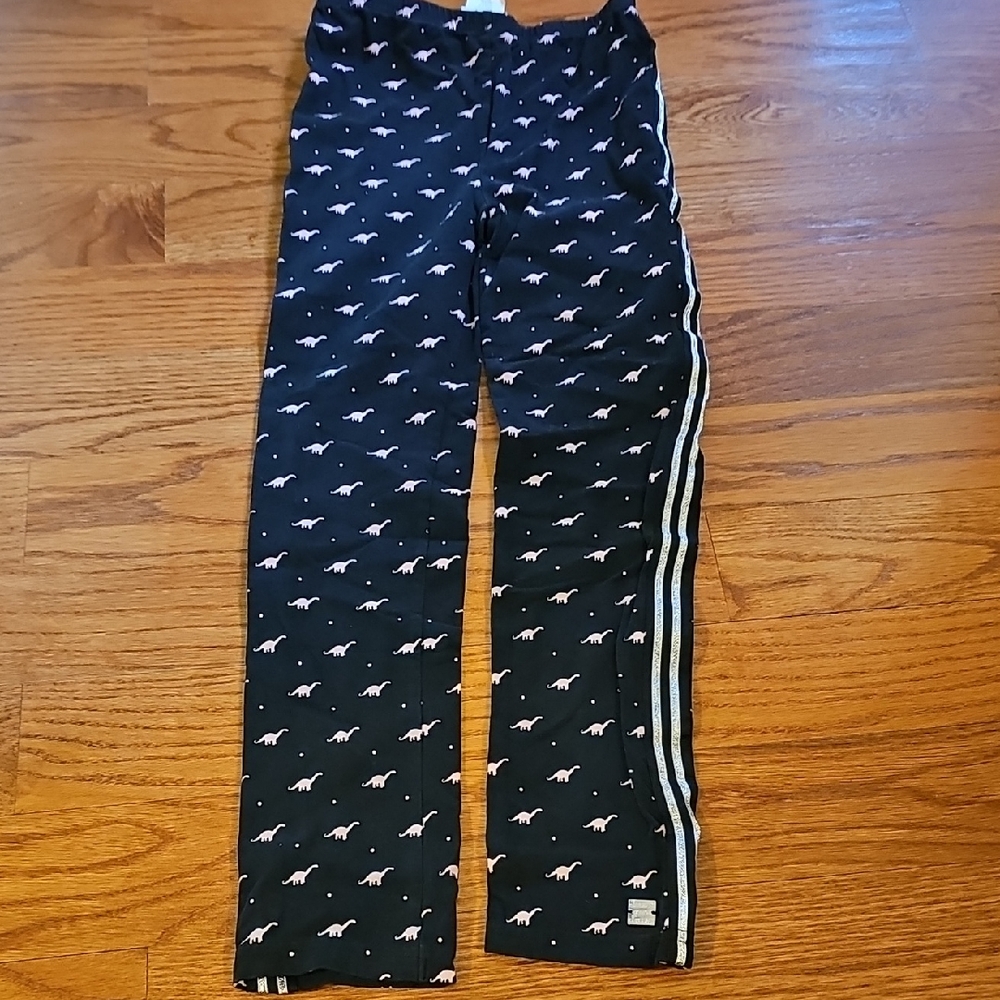 Black Knit Pants with White Dino Print and Side Stripes